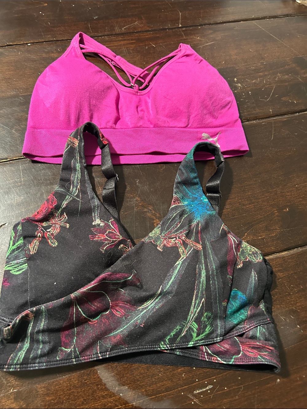 Two Women's Sports Bras - Fuchsia + Black Floral